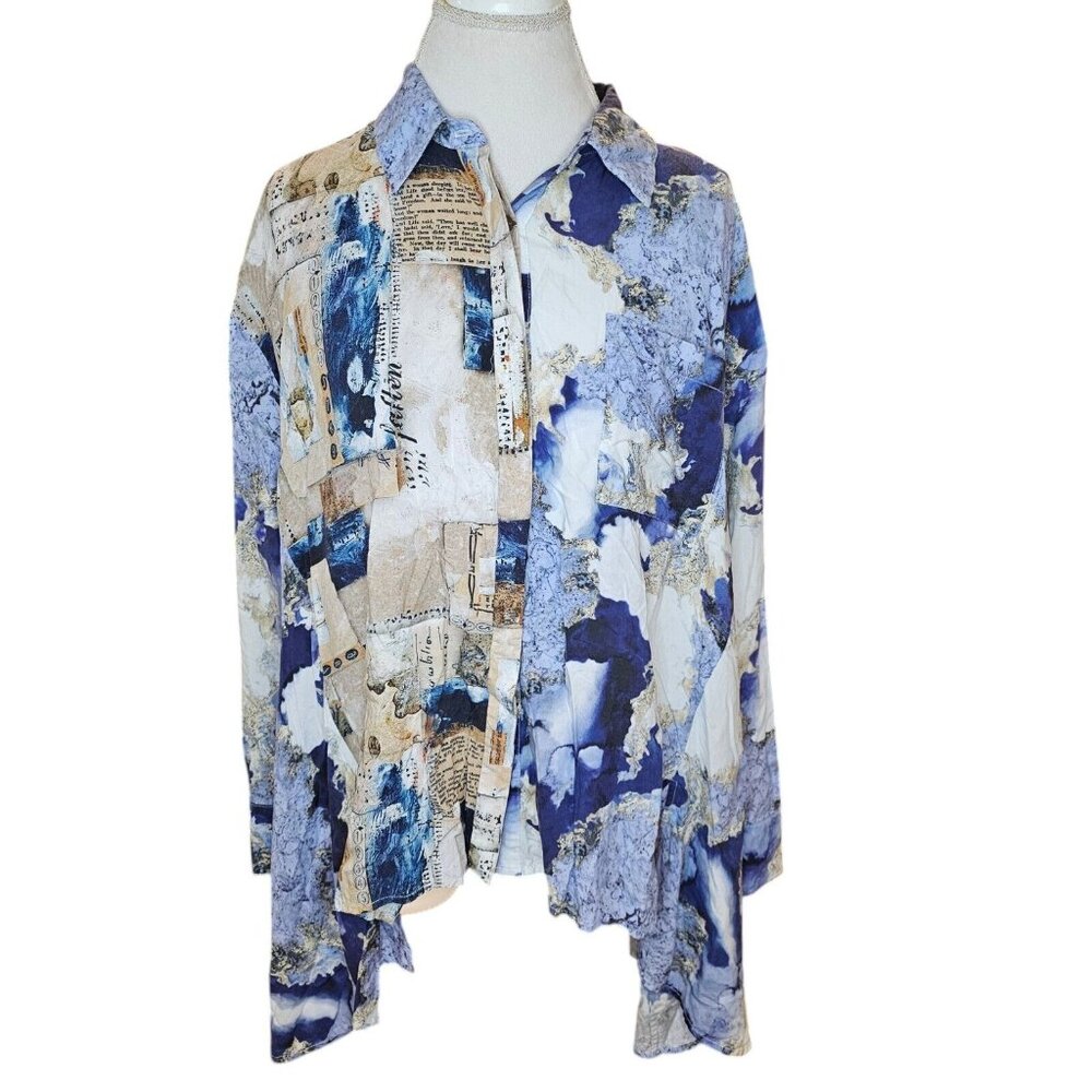 Lemon Grass Womens 1X Abstract Blouse Button Up Lagenlook Longsleeve Oversized